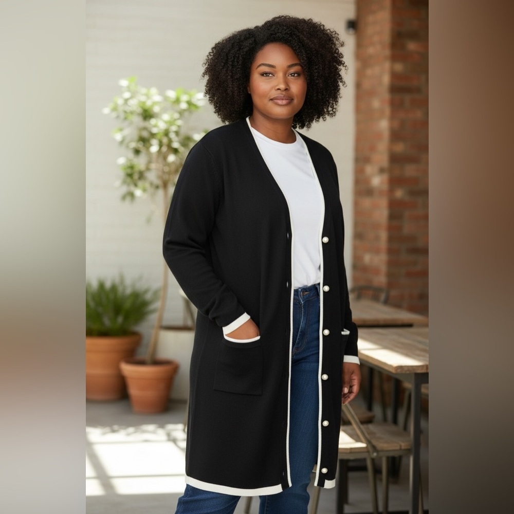 (14)Chic Black Cardigan with White Accents